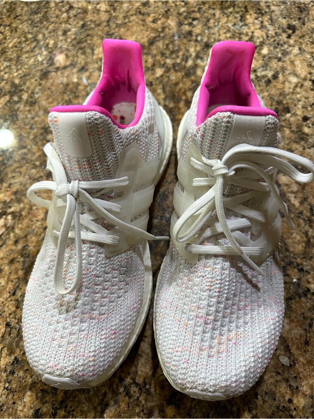 adidas Women’s Knit ultraboost Running Sneakers in White with Pink Lining